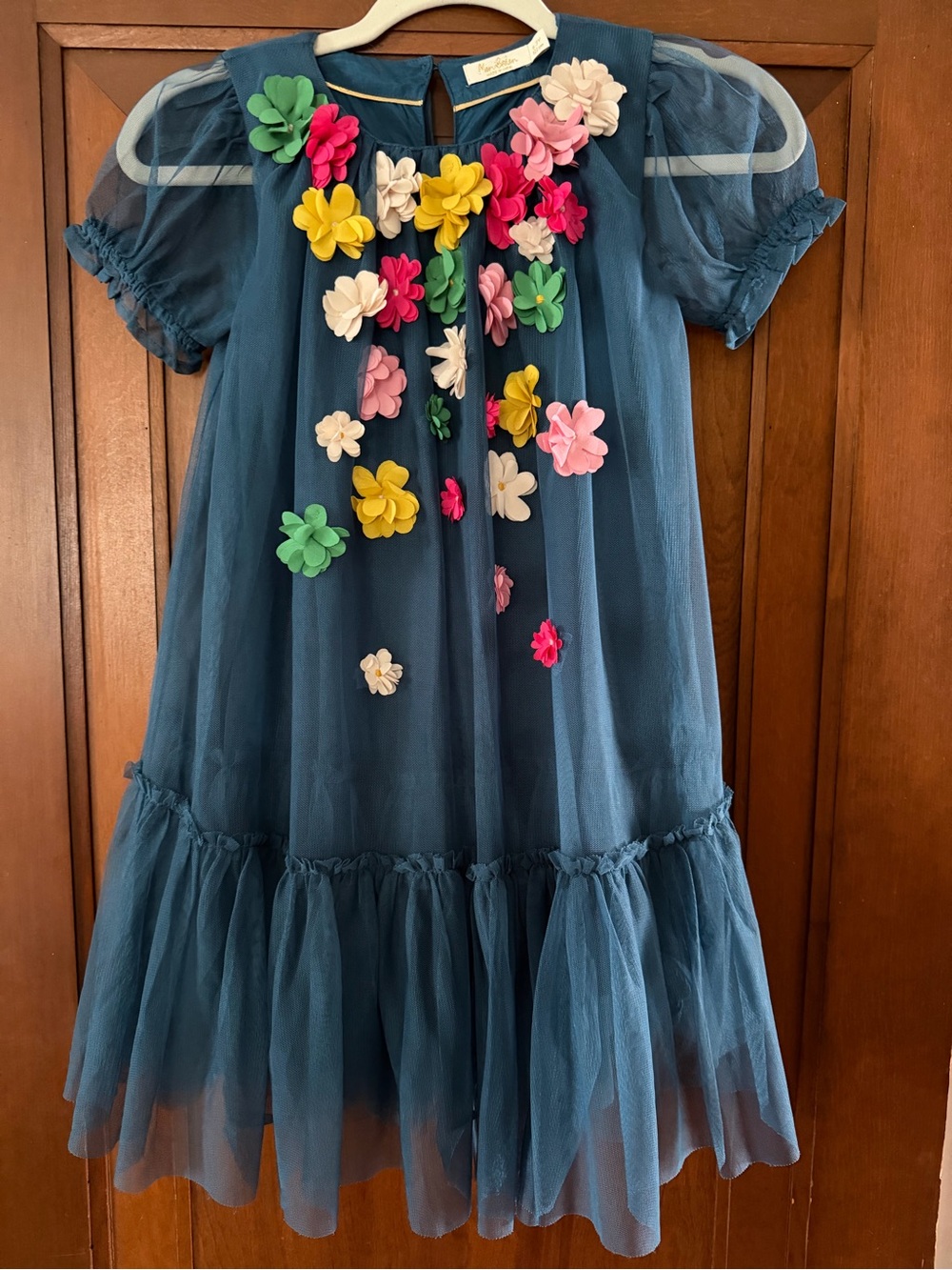 Deep teal tulle with floral Appliqué Kids Dress